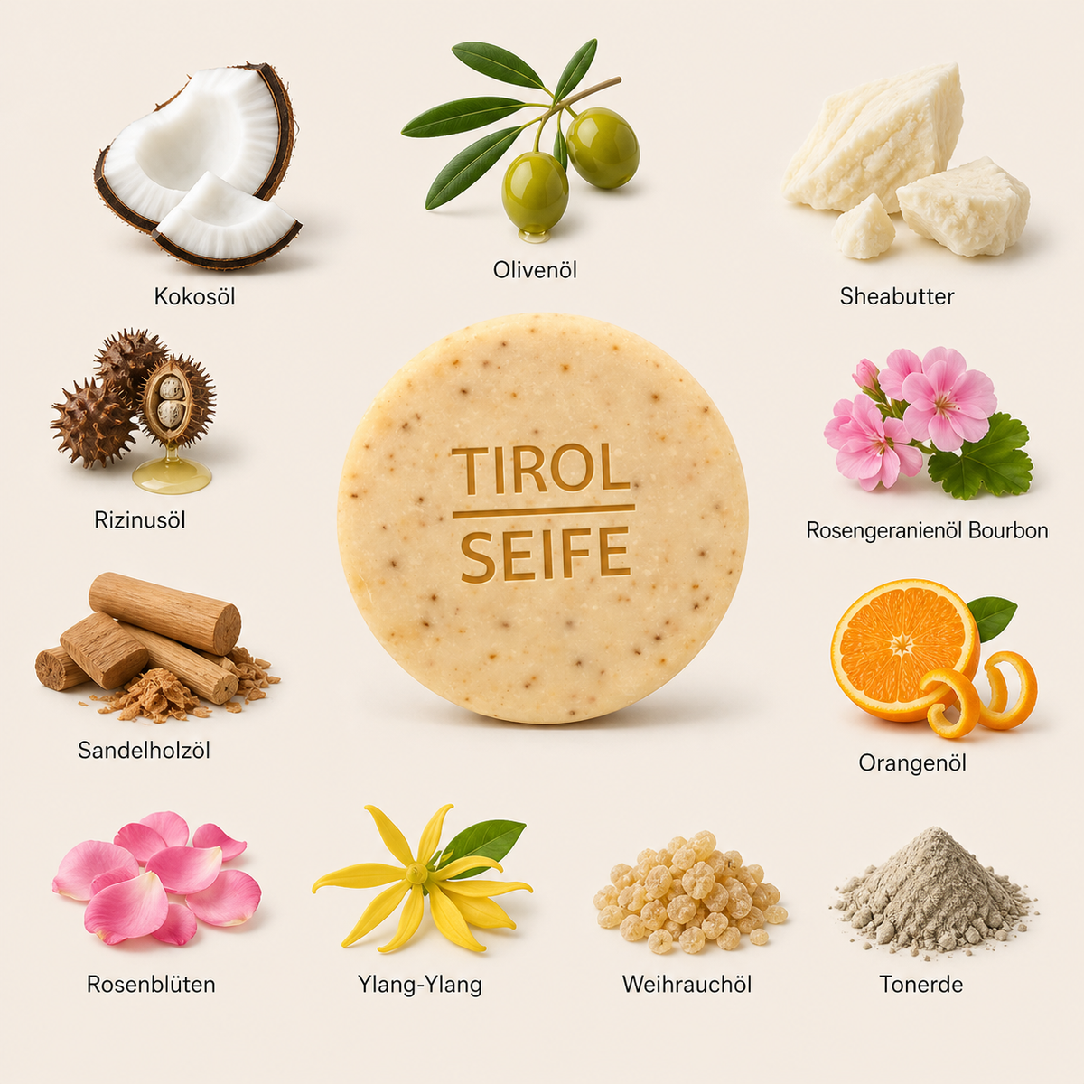 GROSSE SEIFEN SET „DIE TIROLERIN" | 4 NATURSEIFEN inkl. SEIFENSCHALE + 4IN1 FESTE CREME